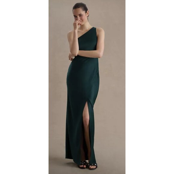 BHLDN Dresses & Skirts - BHLDN Dylan One-Shoulder Satin Charmeuse Side-Slit Bridesmaid Gown Dark Emerald